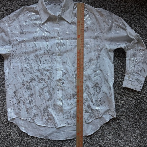 Zara Silver Foil Print Button Down Shirt White Long Sleeve Collared XS - Picture 6 of 12